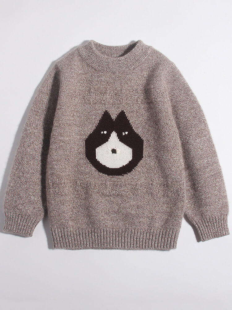 Kids Brown Husky Dog Knit Pattern Cashmere Pullover Sweater
